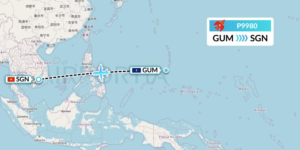 P9980 Asia Pacific Airlines Flight Map: Guam to Ho Chi Minh City
