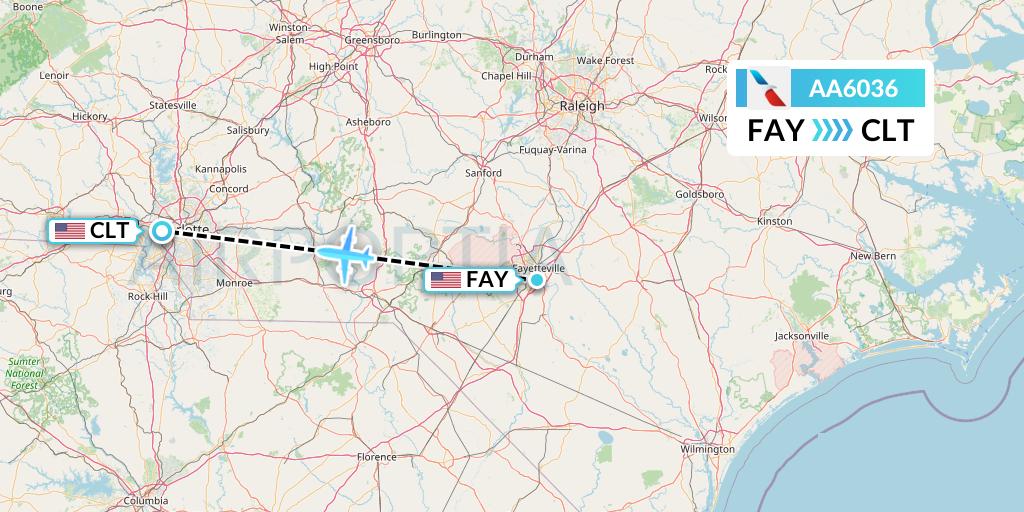 AA6036 American Airlines Flight Map: Fayetteville to Charlotte