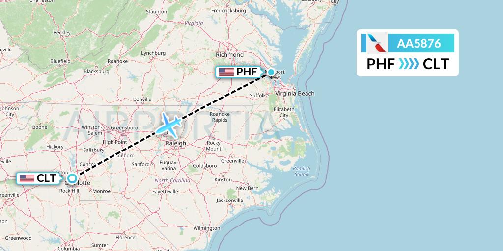 AA5876 American Airlines Flight Map: Newport News to Charlotte