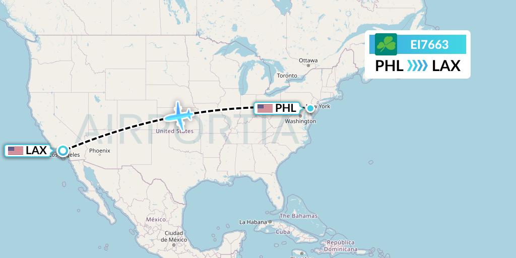 EI7663 Aer Lingus Flight Map: Philadelphia to Los Angeles
