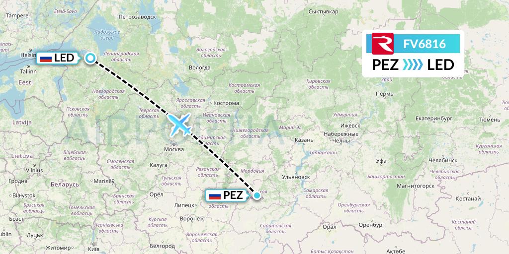 FV6816 Rossiya Flight Map: Penza to St. Petersburg