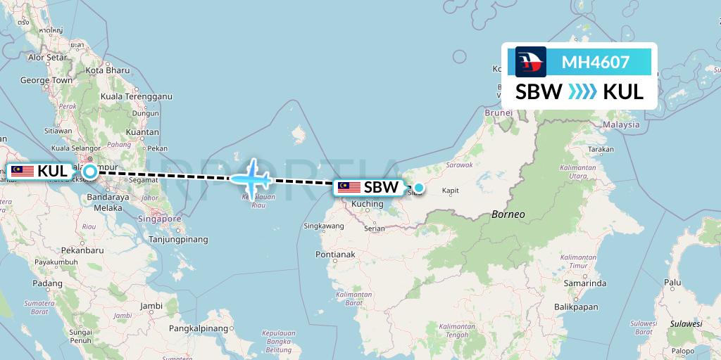 MH4607 Malaysia Airlines Flight Map: Sibu to Kuala Lumpur