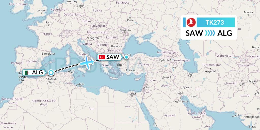 TK273 Turkish Airlines Flight Map: Istanbul to Algiers