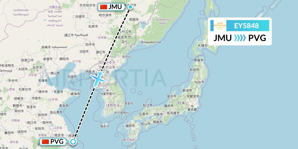 EY5848 Etihad Airways Flight Map: Jiamusi to Shanghai