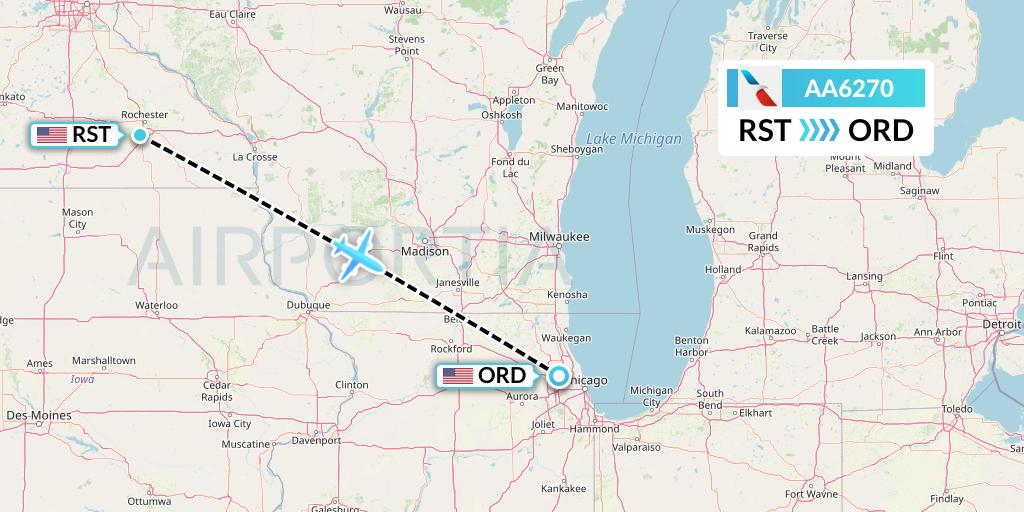 AA6270 American Airlines Flight Map: Rochester to Chicago