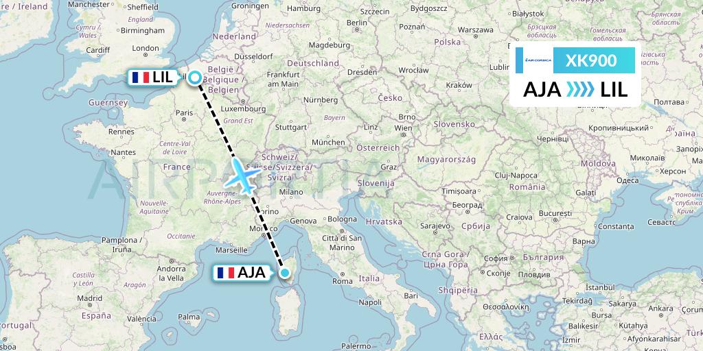 XK900 Air Corsica Flight Map: Ajaccio to Lille