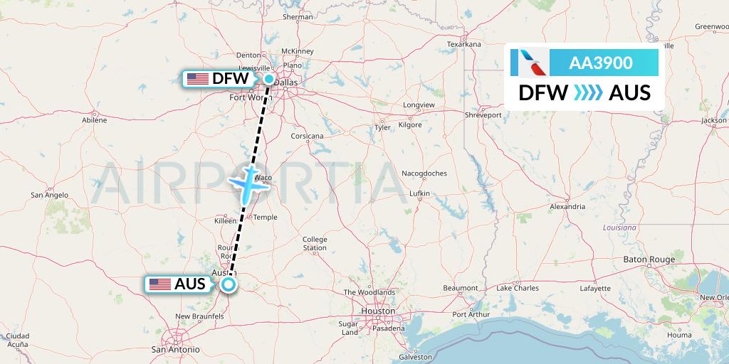 AA3900 American Airlines Flight Map: Dallas to Austin