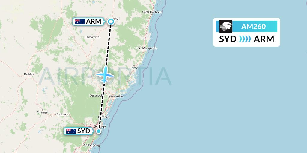 AM260 Aeromexico Flight Map: Sydney to Armidale