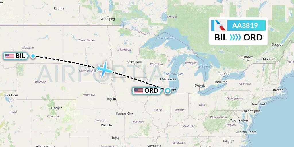 AA3819 American Airlines Flight Map: Billings to Chicago