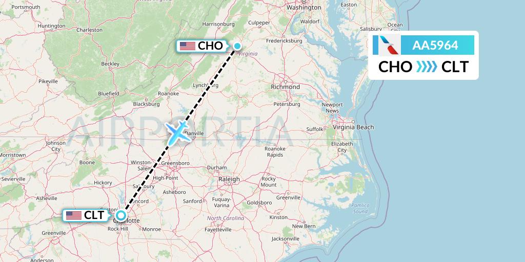 AA5964 American Airlines Flight Map: Charlottesville to Charlotte