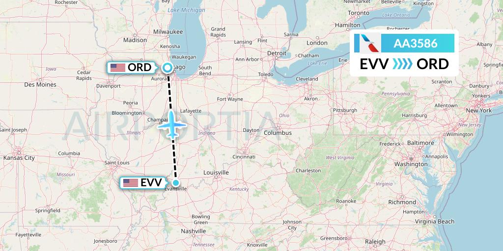 AA3586 American Airlines Flight Map: Evansville to Chicago