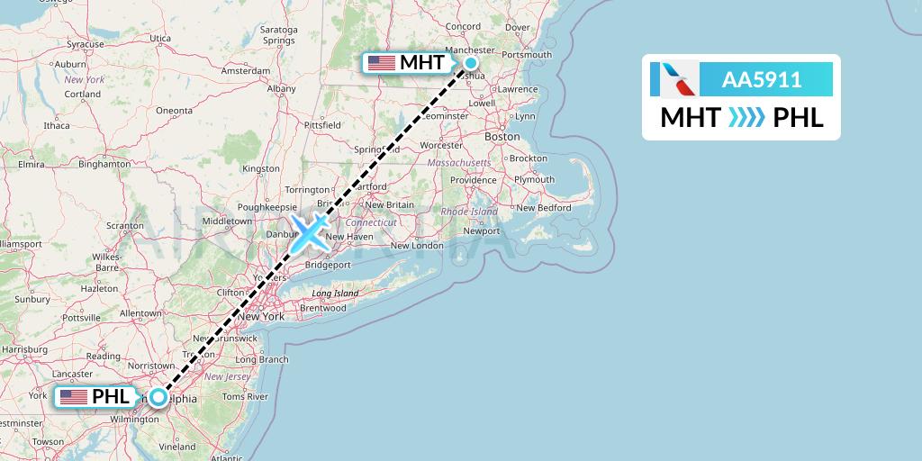 AA5911 American Airlines Flight Map: Manchester to Philadelphia