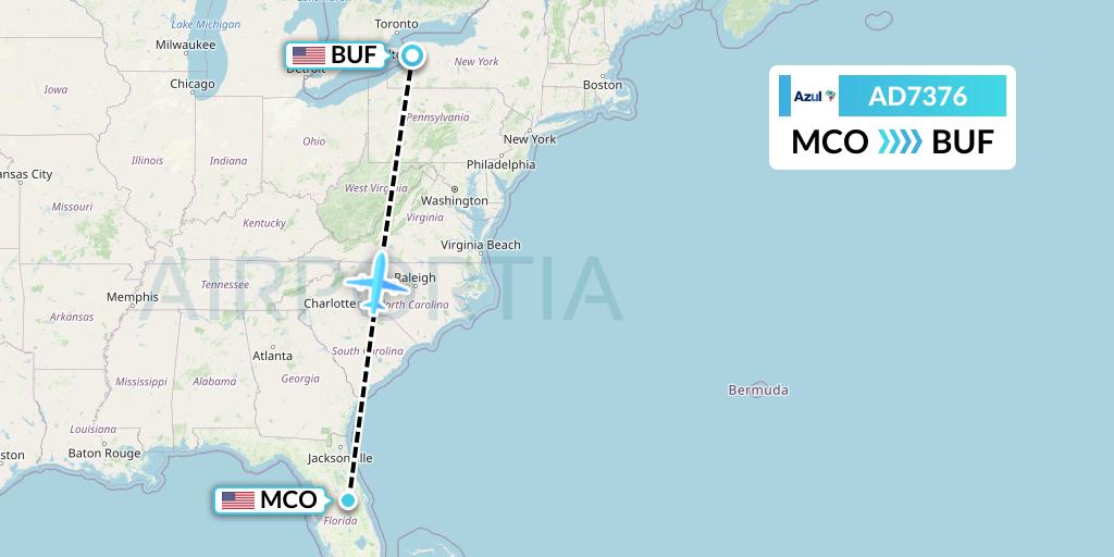 AD7376 Azul Brazilian Airlines Flight Map: Orlando to Buffalo
