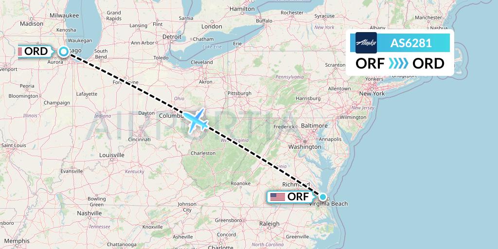 AS6281 Alaska Airlines Flight Map: Norfolk to Chicago