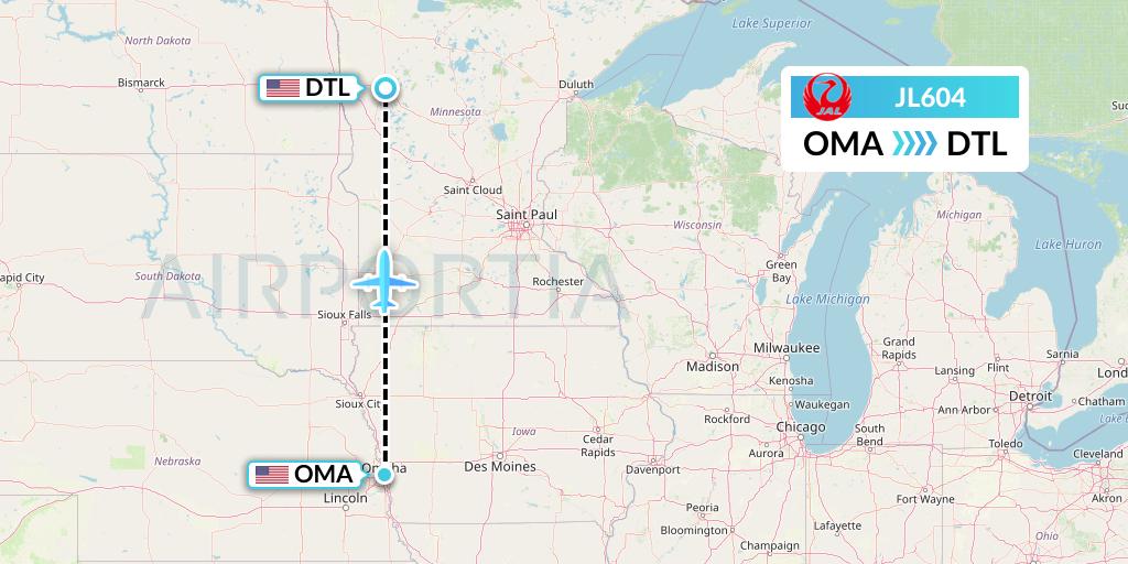 JL604 Japan Airlines Flight Map: Omaha to Detroit Lakes