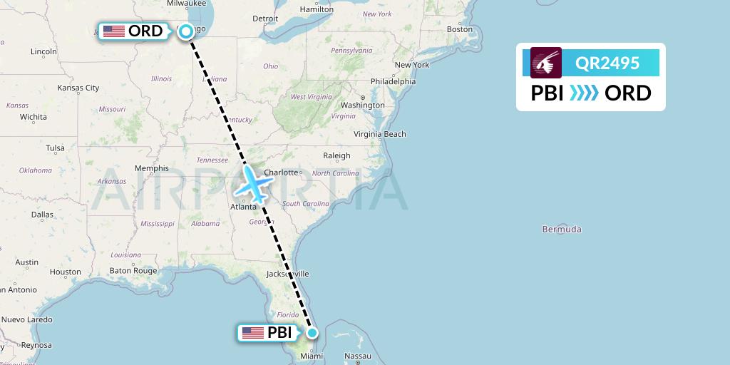 QR2495 Qatar Airways Flight Map: West Palm Beach to Chicago