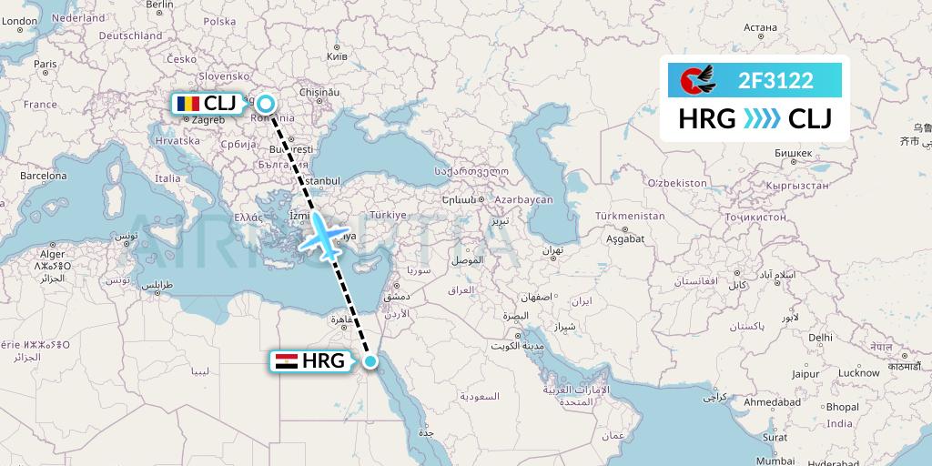 2F3122 twoFlex Taxi Aereo Flight Map: Hurghada to Cluj-Napoca