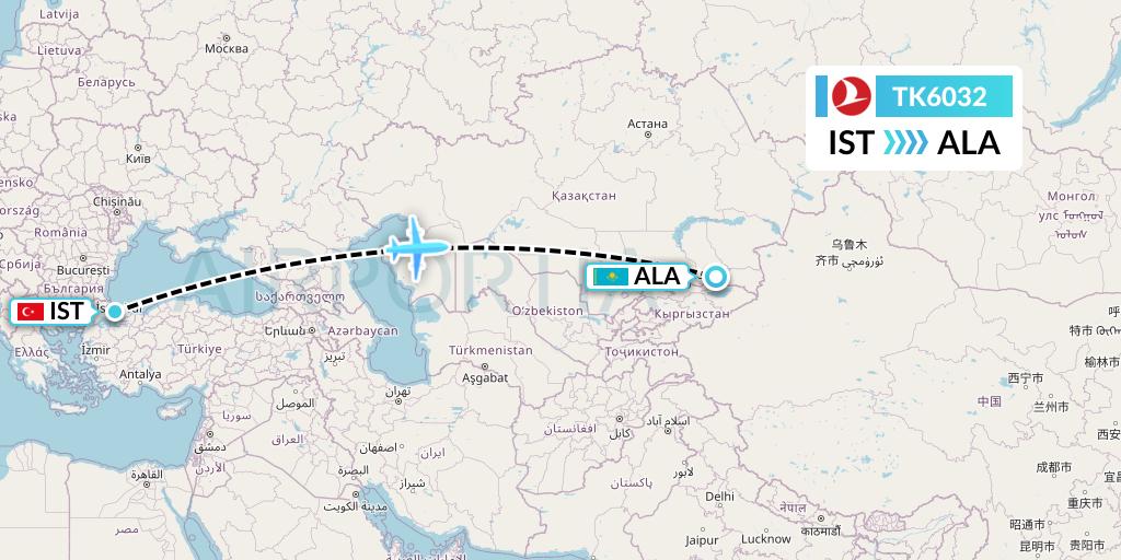TK6032 Turkish Airlines Flight Map: Istanbul to Almaty