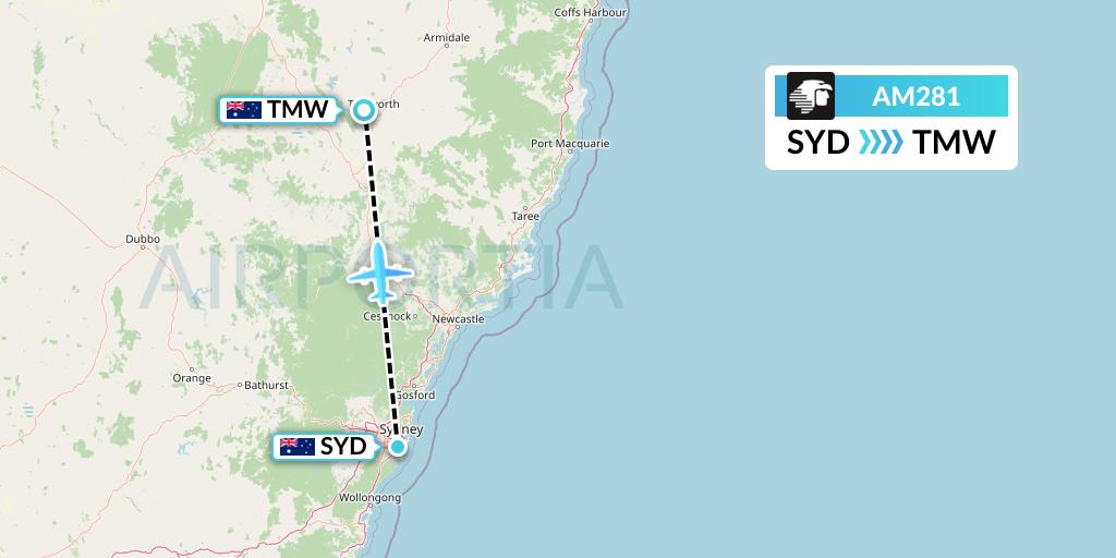 AM281 Aeromexico Flight Map: Sydney to Tamworth