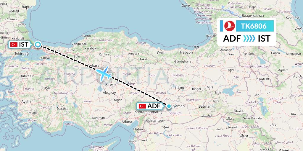 TK6806 Turkish Airlines Flight Map: Adiyaman to Istanbul