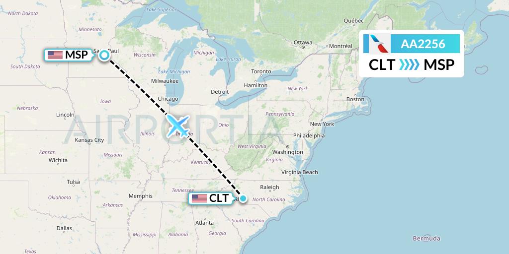 AA2256 American Airlines Flight Map: Charlotte to Minneapolis
