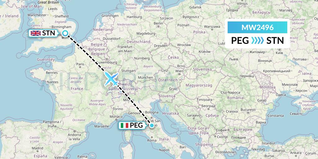 MW2496 Mokulele Flight Service Flight Map: Perugia to London