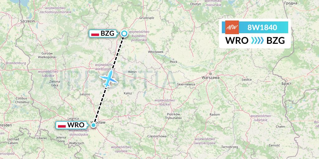 8W1840 Fly AllWays Flight Map: Wroclaw to Bydgoszcz