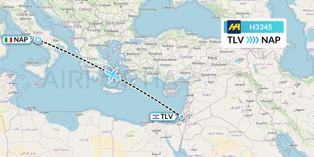 H3345 Harbour Air Flight Map: Tel Aviv to Naples