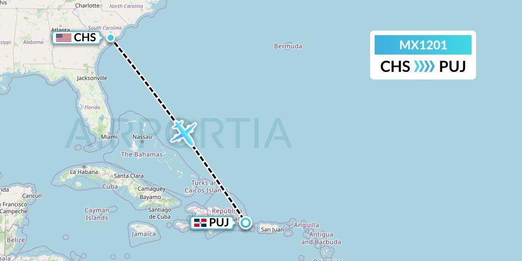 MX1201 Breeze Airways Flight Map: Charleston to Punta Cana