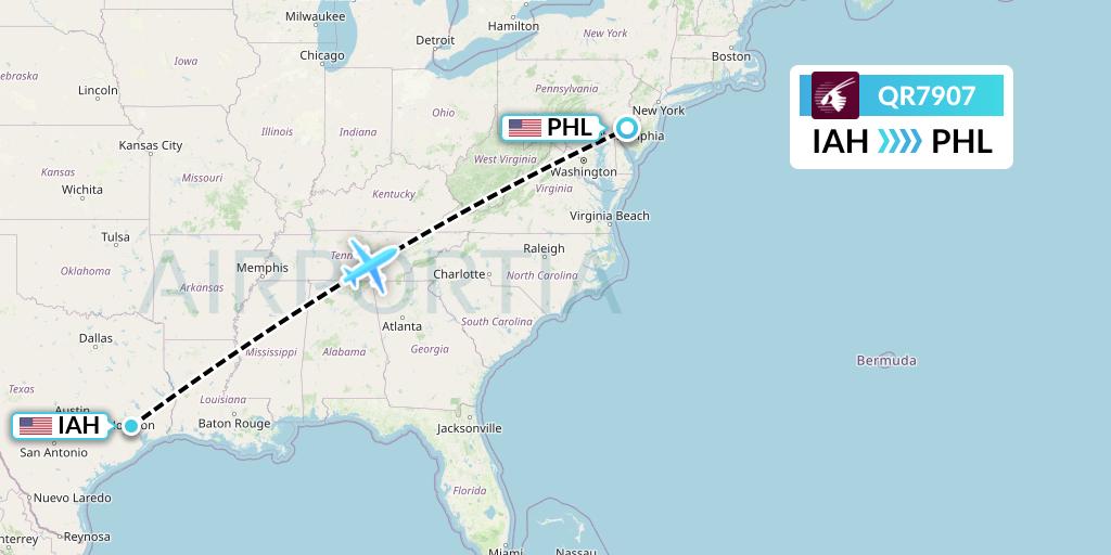 QR7907 Qatar Airways Flight Map: Houston to Philadelphia