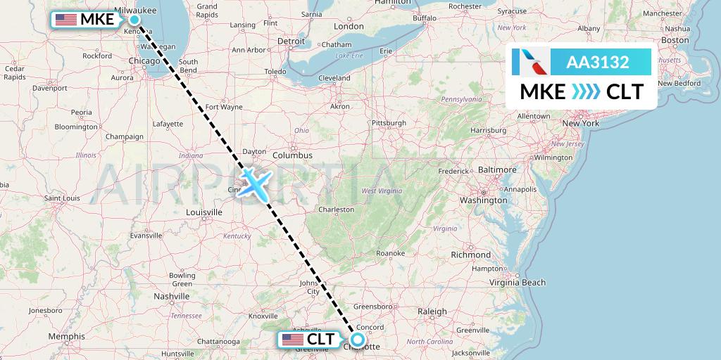 AA3132 American Airlines Flight Map: Milwaukee to Charlotte