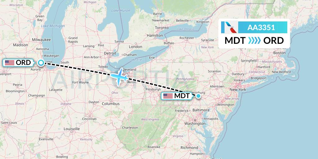 AA3351 American Airlines Flight Map: Harrisburg to Chicago