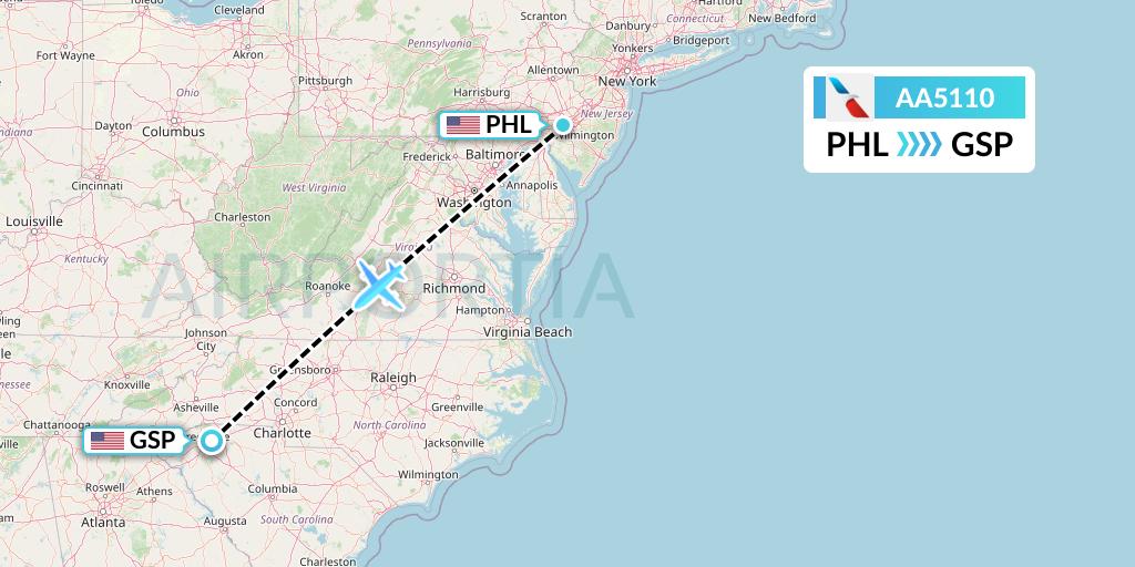 AA5110 American Airlines Flight Map: Philadelphia to Greenville-Spartanburg