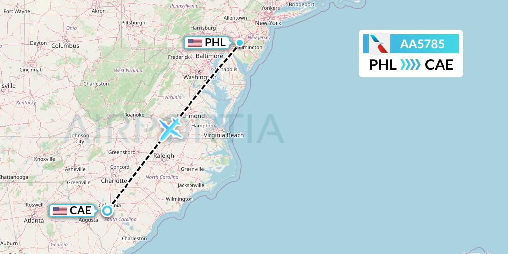 AA5785 American Airlines Flight Map: Philadelphia to Columbia