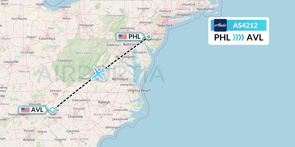 AS4212 Alaska Airlines Flight Map: Philadelphia to Asheville