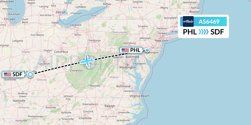 AS6469 Alaska Airlines Flight Map: Philadelphia to Louisville