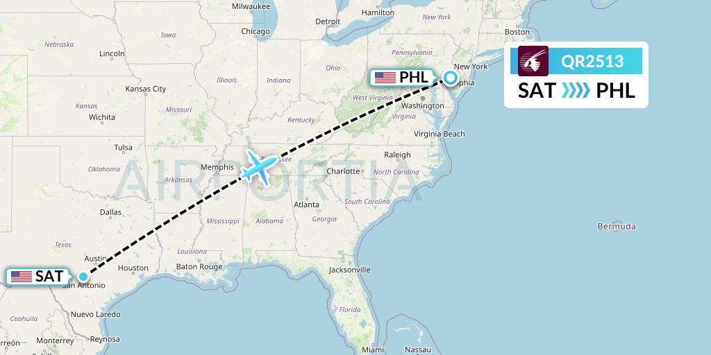 QR2513 Qatar Airways Flight Map: San Antonio to Philadelphia