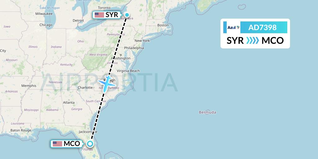 AD7398 Azul Brazilian Airlines Flight Map: Syracuse to Orlando