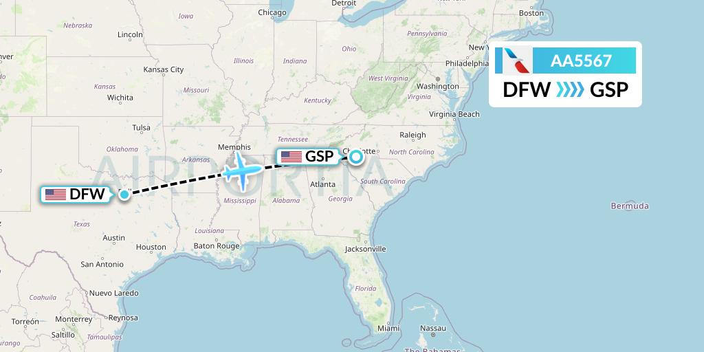 AA5567 American Airlines Flight Map: Dallas to Greenville-Spartanburg
