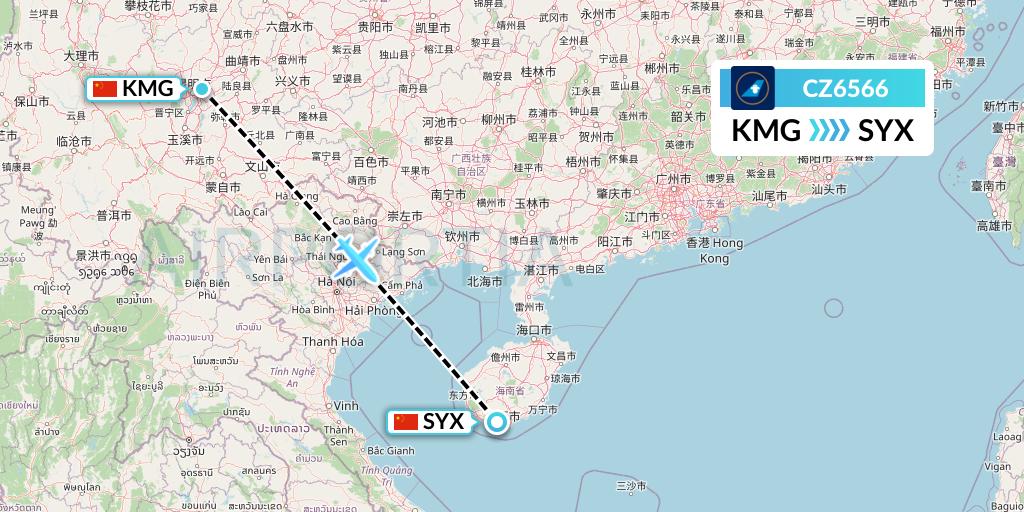 CZ6566 China Southern Airlines Flight Map: Kunming to Sanya