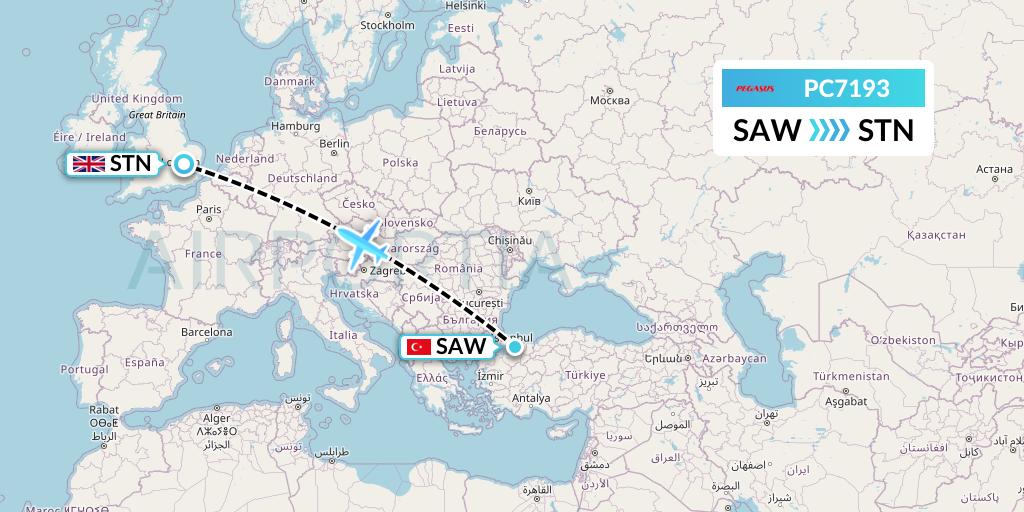 PC7193 Pegasus Airlines Flight Map: Istanbul to London