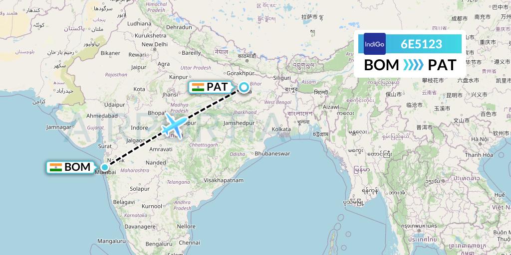 6E5123 IndiGo Airlines Flight Map: Mumbai to Patna