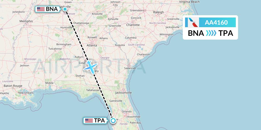 AA4160 American Airlines Flight Map: Nashville to Tampa