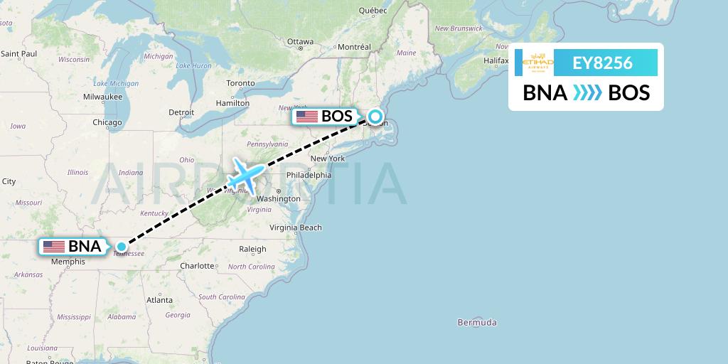 EY8256 Etihad Airways Flight Map: Nashville to Boston