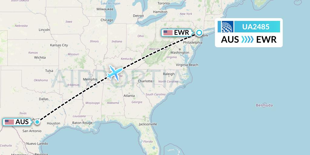 UA2485 United Airlines Flight Map: Austin to New York
