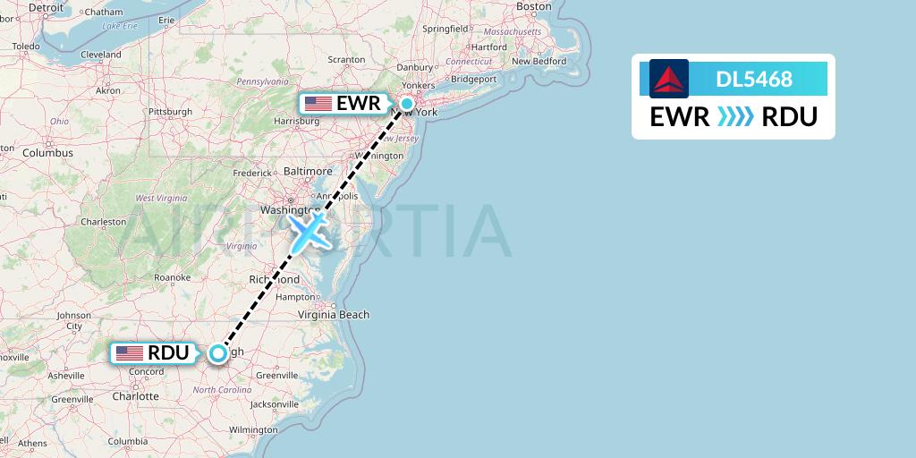 DL5468 Delta Air Lines Flight Map: New York to Raleigh-Durham