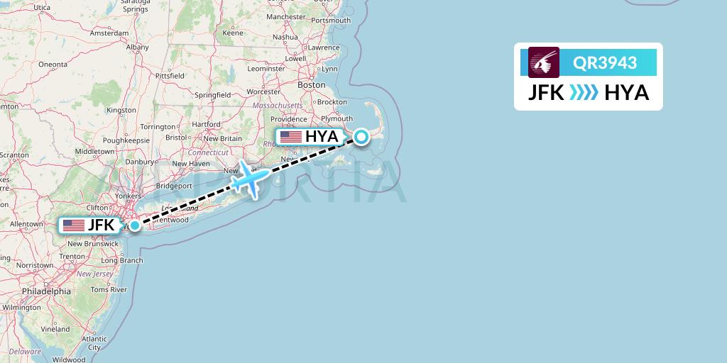 QR3943 Qatar Airways Flight Map: New York to Hyannis