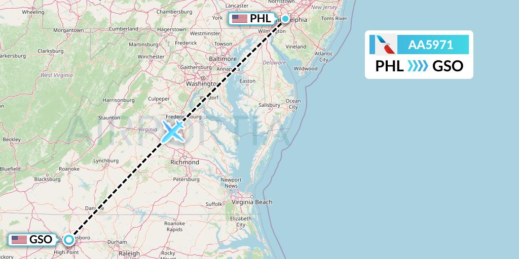AA5971 American Airlines Flight Map: Philadelphia to Greensboro