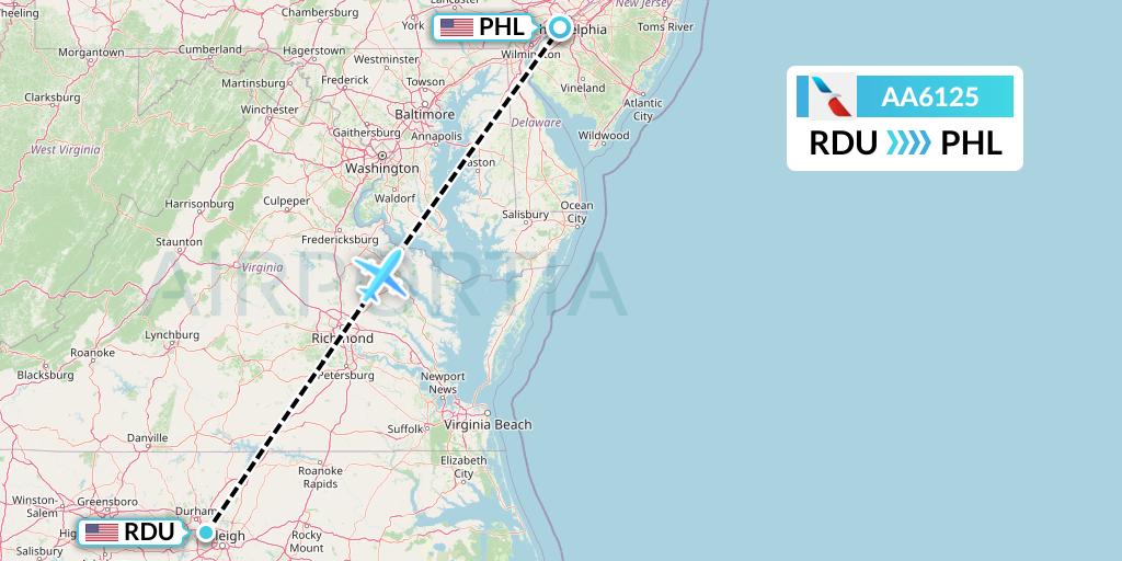 AA6125 American Airlines Flight Map: Raleigh-Durham to Philadelphia