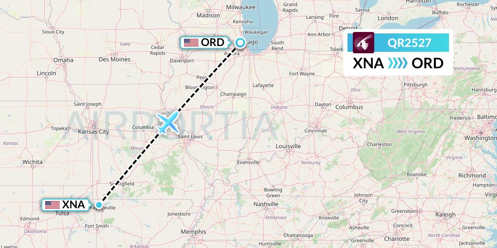 QR2527 Qatar Airways Flight Map: Bentonville to Chicago